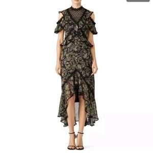 AMUR Pleated Tiered Maxi Edna Dress
100% Silk Floral Black Size 2 Goth NWOT